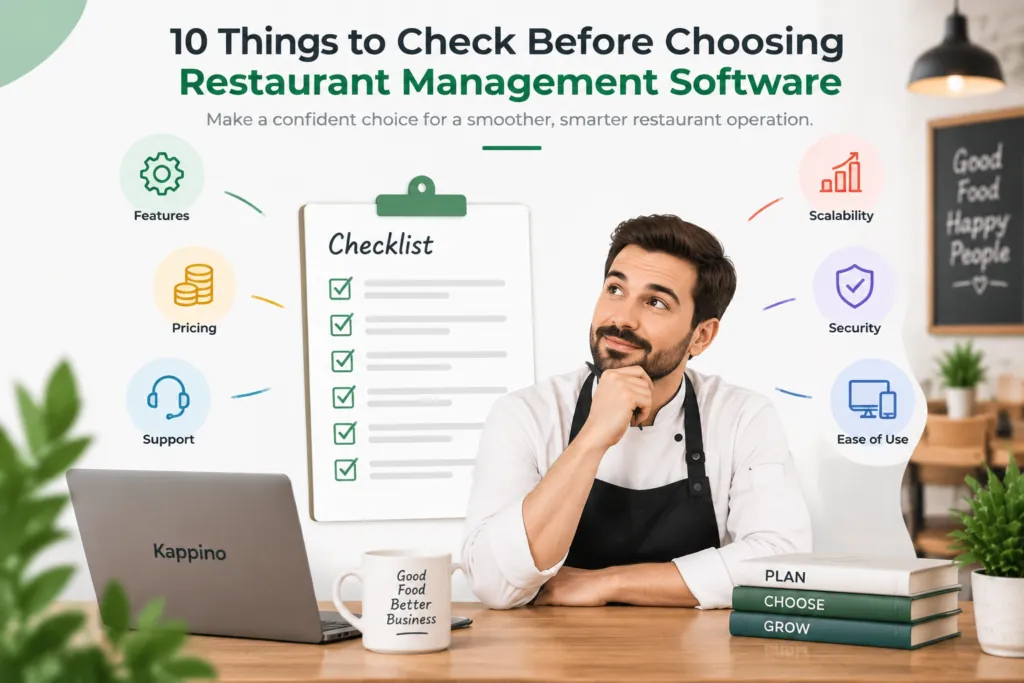 Restaurant owner reviewing dine-in, takeaway, delivery, reservations, staff and inventory software requirements.