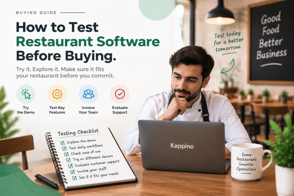 Restaurant management software buying guide showing Kappino dashboard for orders, tables, menu, inventory and reports.